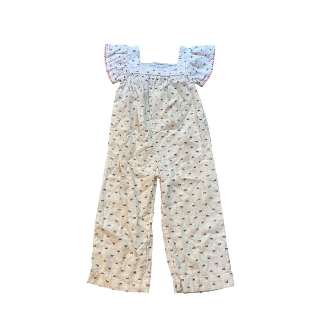 Old Navy Floral Jumpsuit Kids Cream Pink Boho Linen Blend SIZE 4T